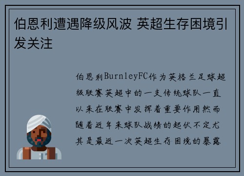 伯恩利遭遇降级风波 英超生存困境引发关注 伯恩利遭遇降级风波 英超生存困境引发关注